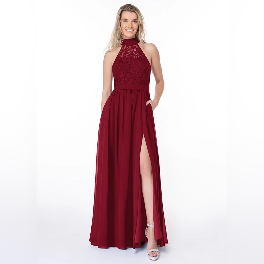 Burgundy High Neck Line Chiffon Bridesmaid Dress Azazie Keyhole Back w/ pockets